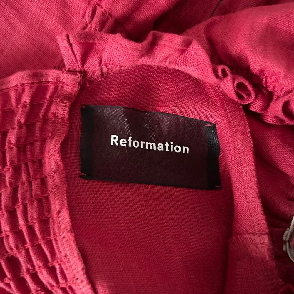 Reformation Klara 100% Linen Mini Dress Lipstick Red Lace-Up Puff Sleeve Size 2